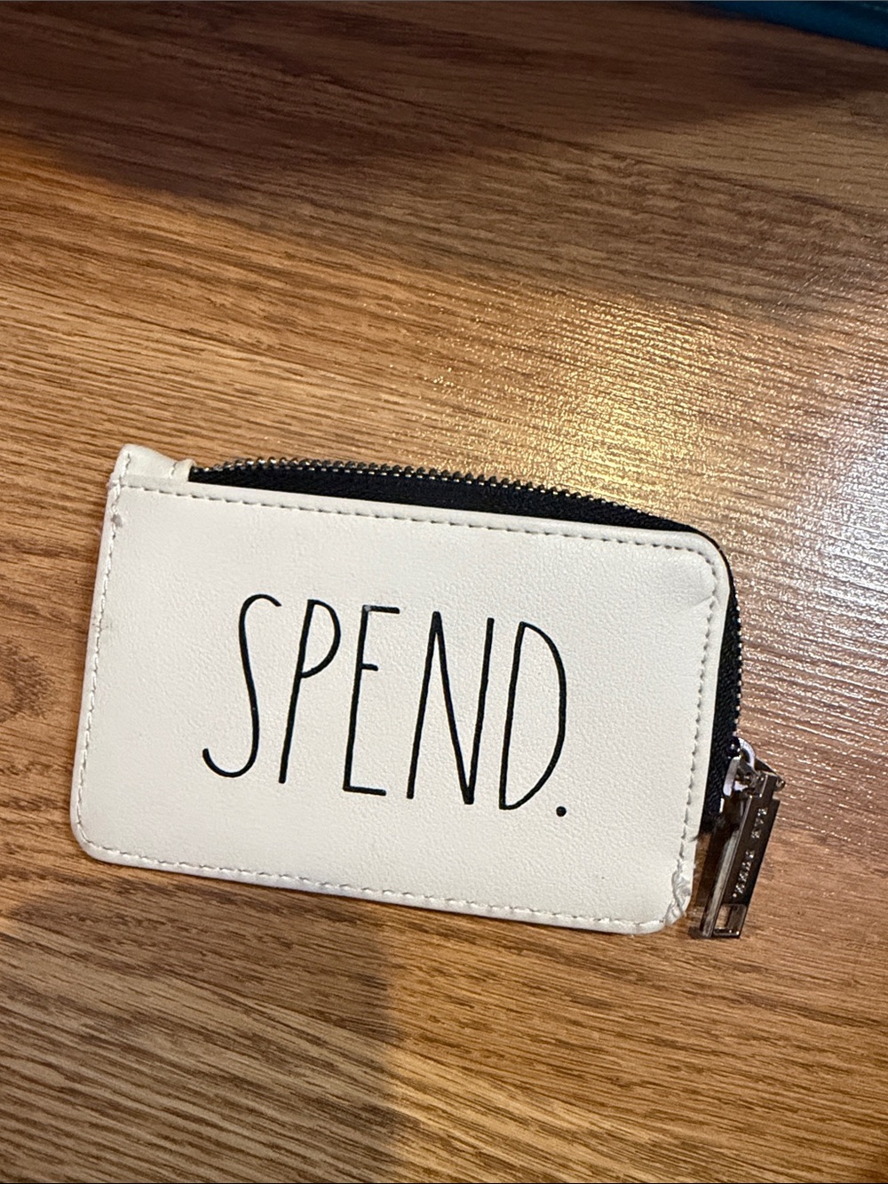 Rae Dunn White "SPEND." Zip Card Wallet